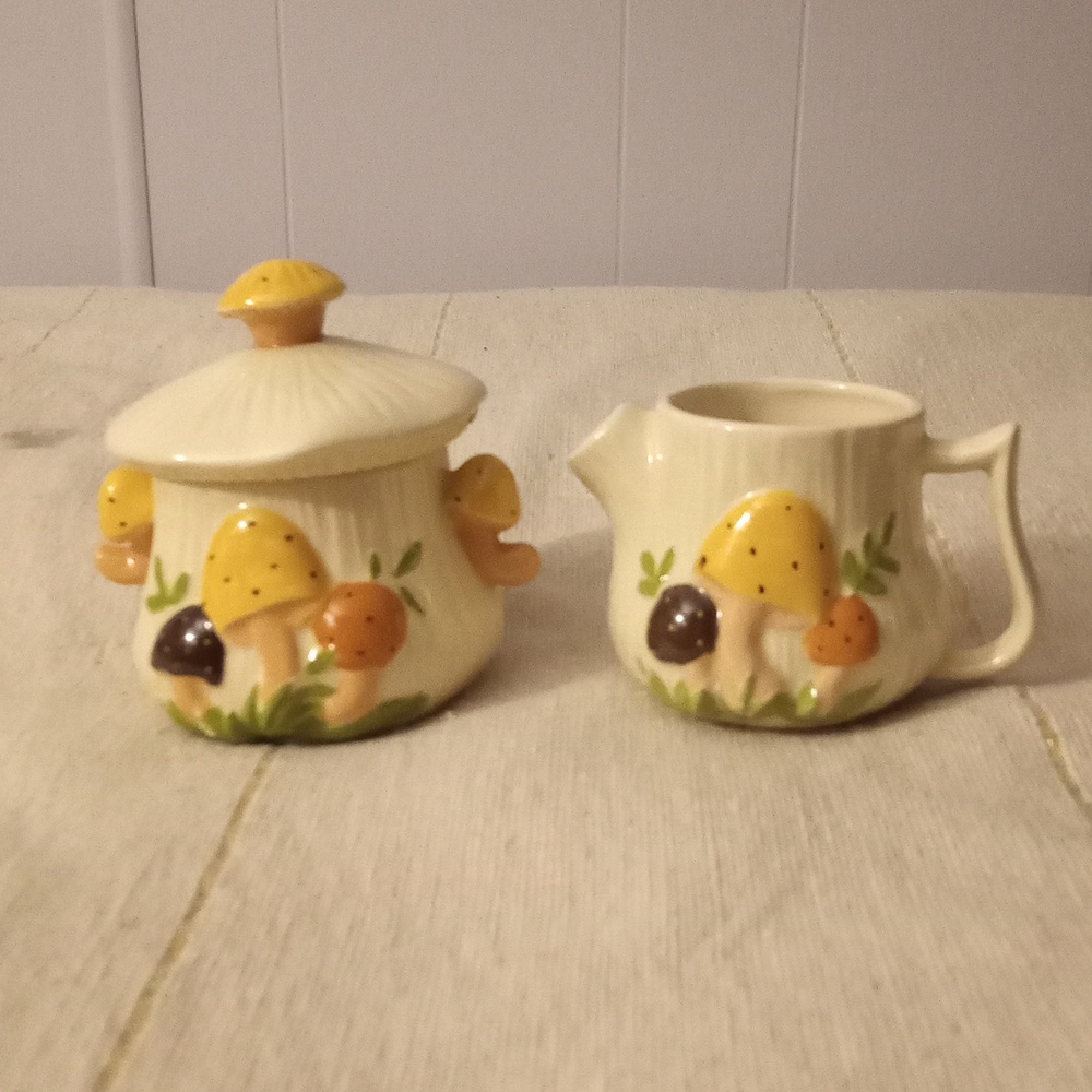 Vintage 1970's Mushroom Sugar Bowl with Lid and Creamer